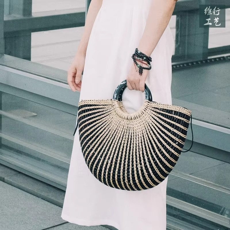 Sac En Paille Éventail Bicolore Poignée Ronde - Séraphine – Image 3