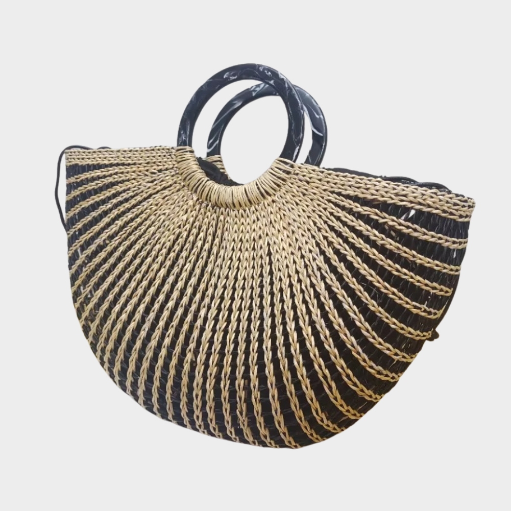Sac En Paille Éventail Bicolore Poignée Ronde - Séraphine – Image 4