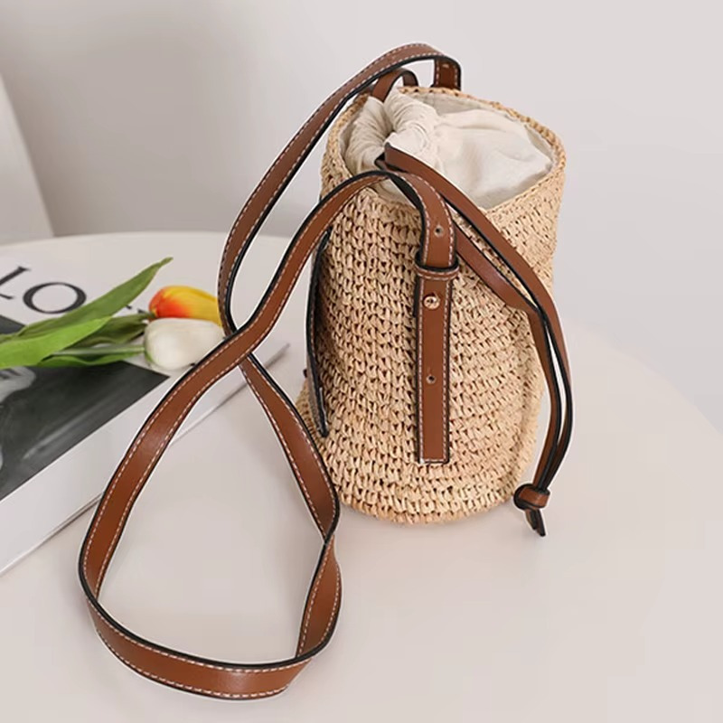 Sac En Paille Seau Cylindrique Poche Cuir - Hortense – Image 2