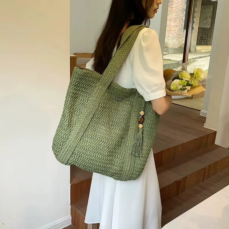 Sac En Paille Souple Tissage Fin Pompon - Gabrielle – Image 6
