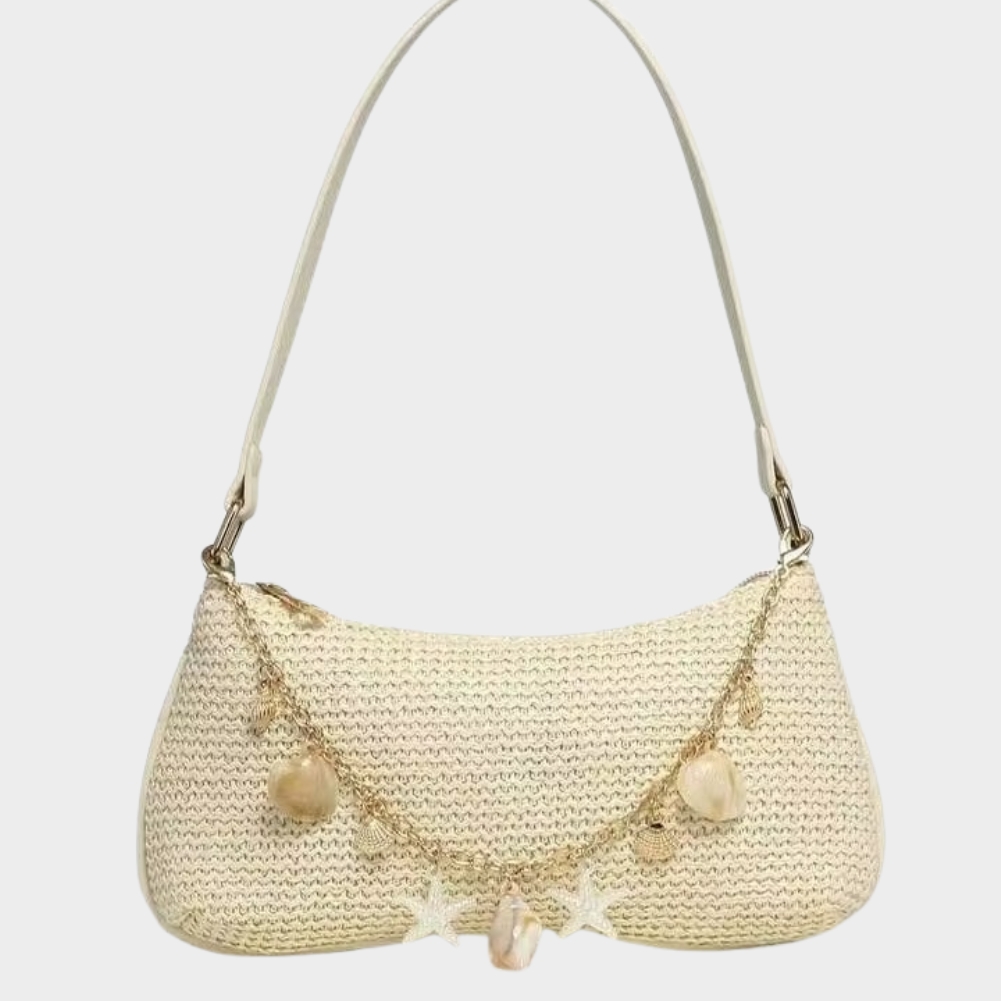 Sac En Paille Baguette Bandoulière Chaînette Breloques Coquillages - Perrine