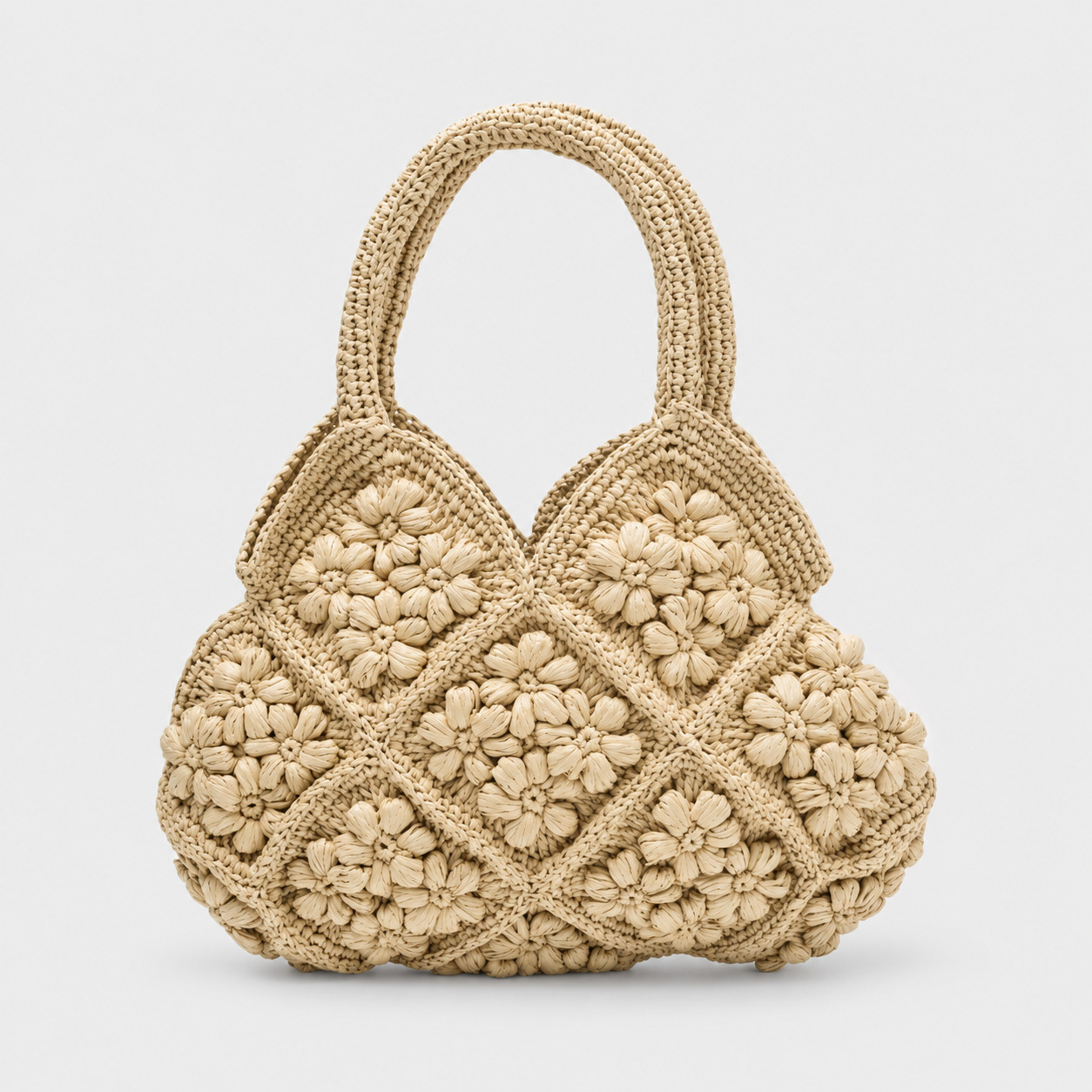 Sac En Paille Crochet Fleurs Relief Demi-Lune - Clémentine