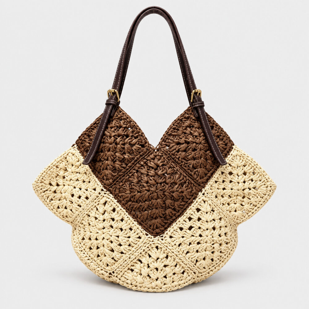 Sac En Paille Crochet Triangulaire Doubles Anses Cuir - Fantine