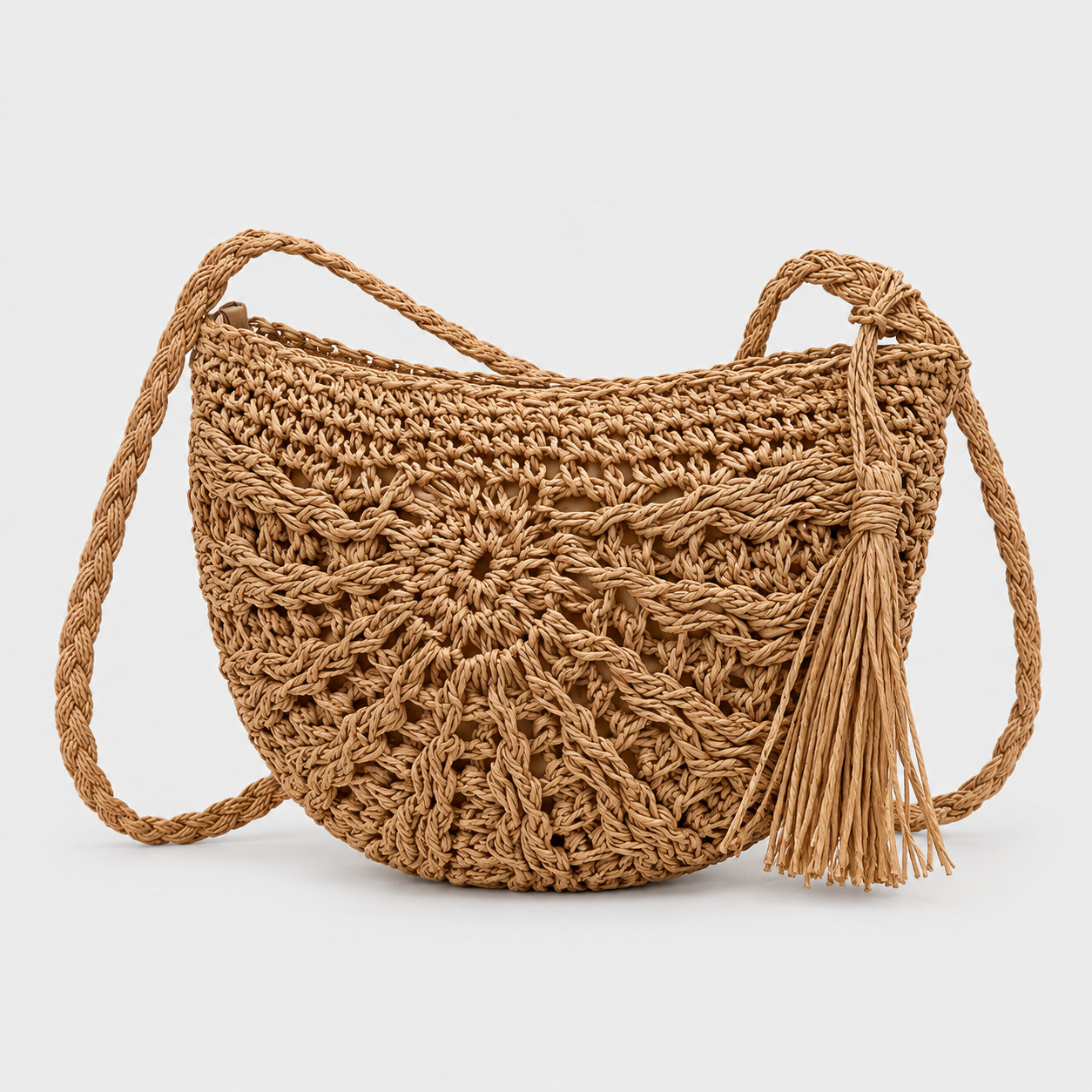 Sac En Paille Demi-Cercle Pompon Bandoulière - Amandine
