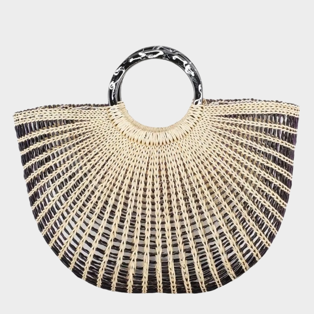 Sac En Paille Éventail Bicolore Poignée Ronde - Séraphine