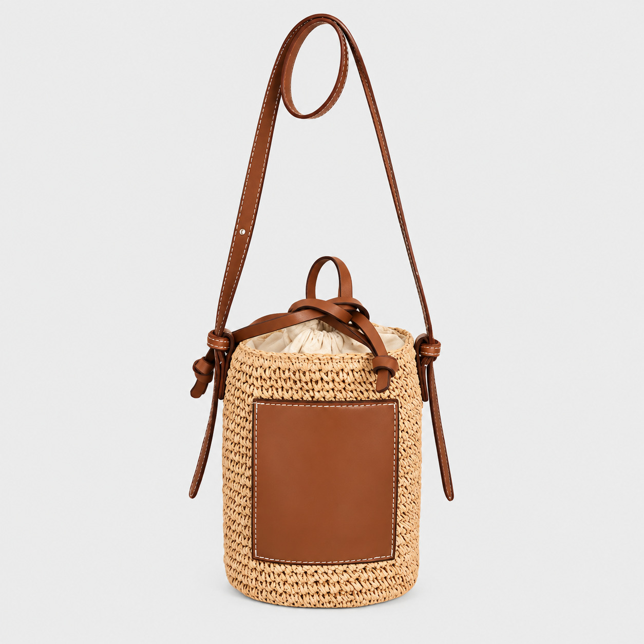 Sac En Paille Seau Cylindrique Poche Cuir - Hortense
