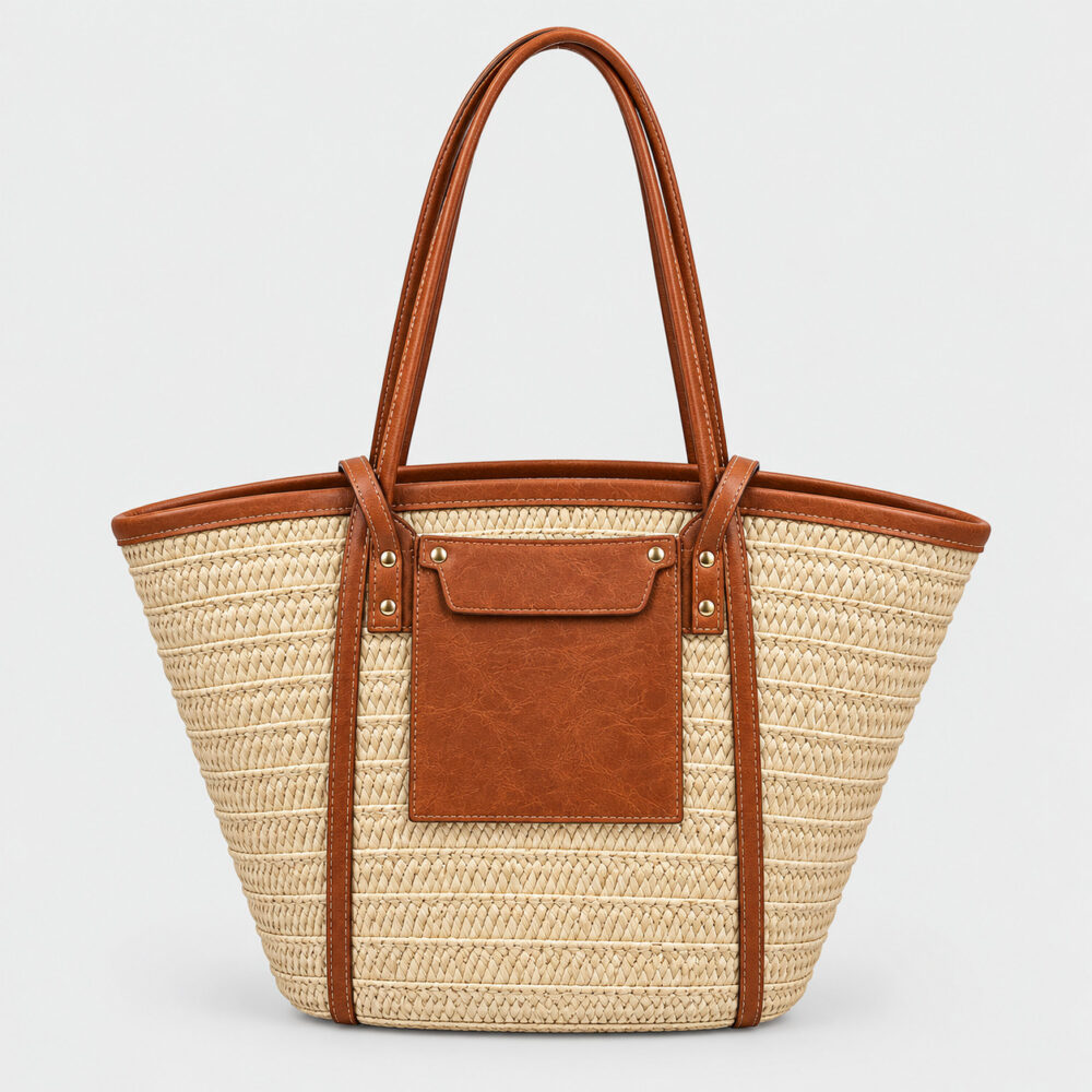 Sac En Paille Tressée Cabas Poche Cuir Rivets - Constance