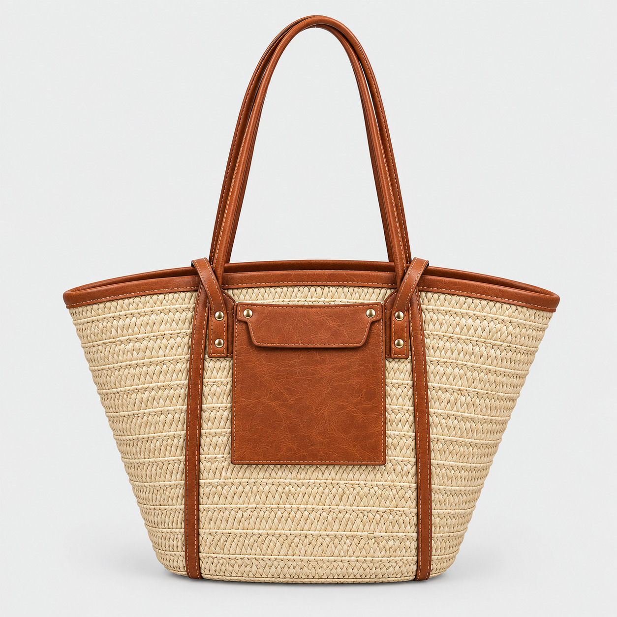 Sac En Paille Tressée Cabas Poche Cuir Rivets - Constance