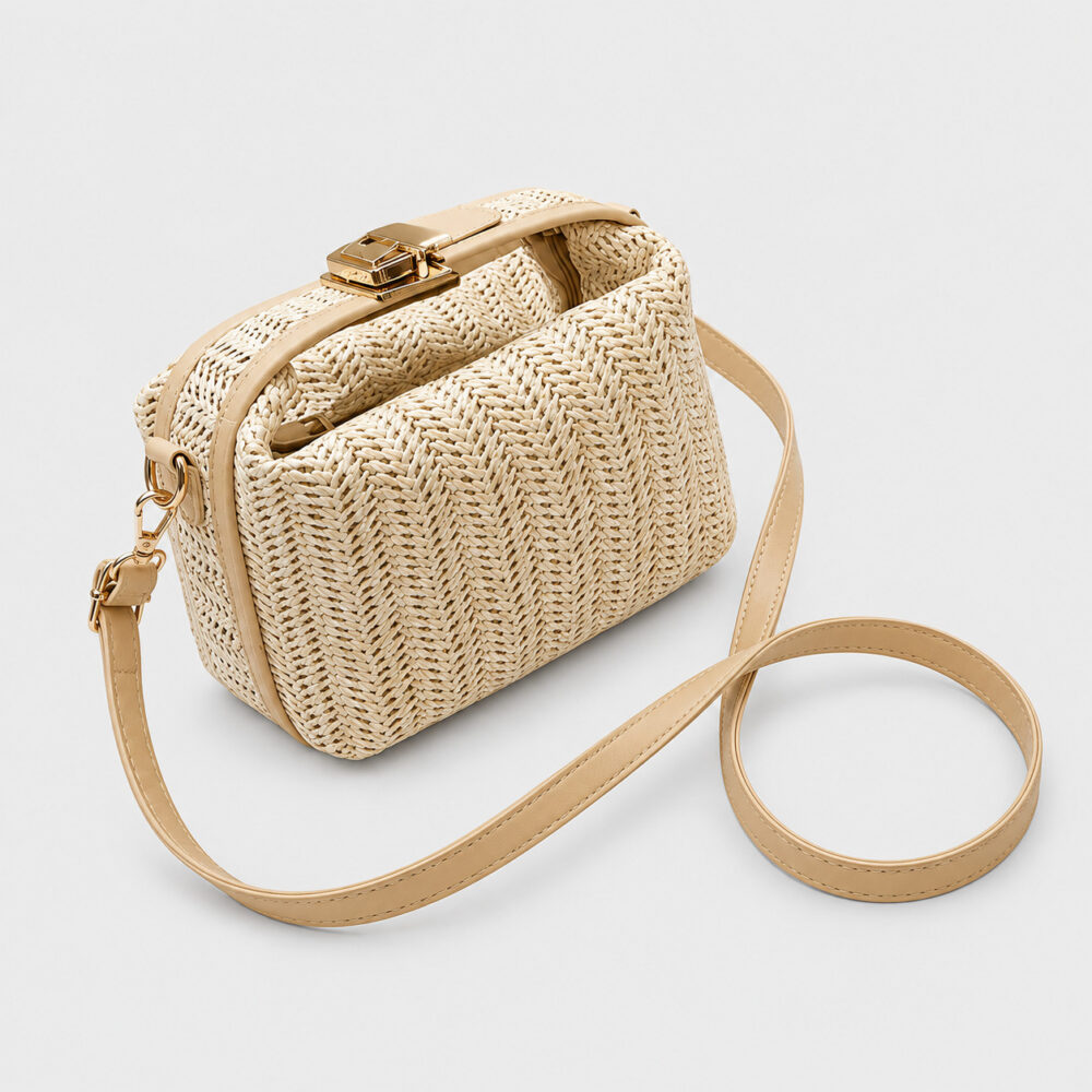 Sac En Paille Vintage Rigide Poignée Fermoir Doré Bandoulière Fine - Bertrande