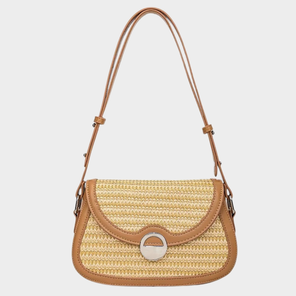 Sac en paille bandoulière avec rabat arrondi et bordure en cuir camel modèle Océalie
