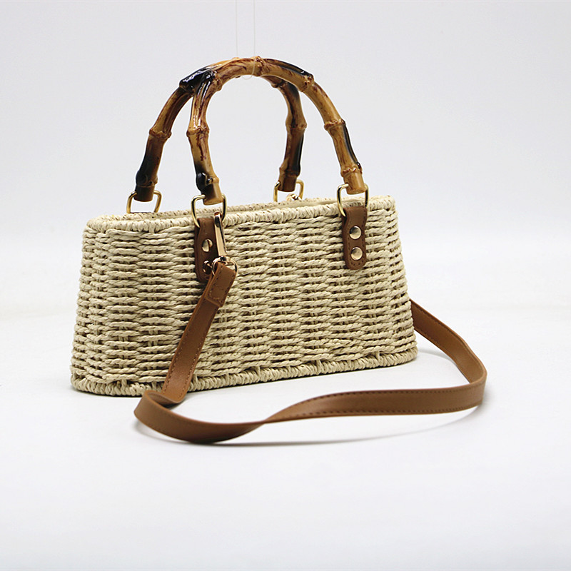 Sac en paille cabas avec poignées en bambou et bandoulière en cuir marron, modèle Rosemonde, couleur naturelle