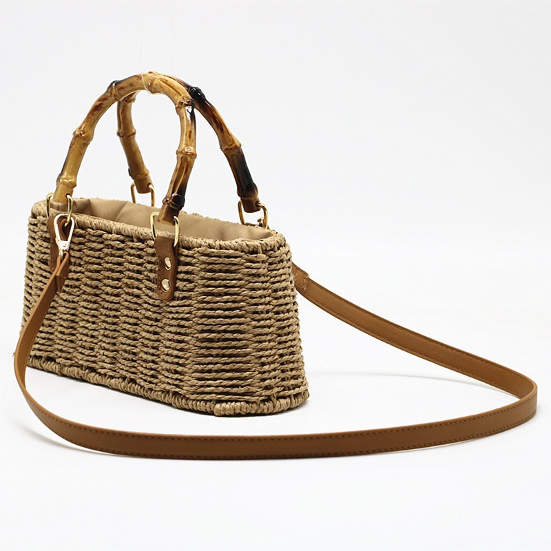 Sac en paille cabas Rosemonde avec poignée en bambou et bandoulière en cuir marron