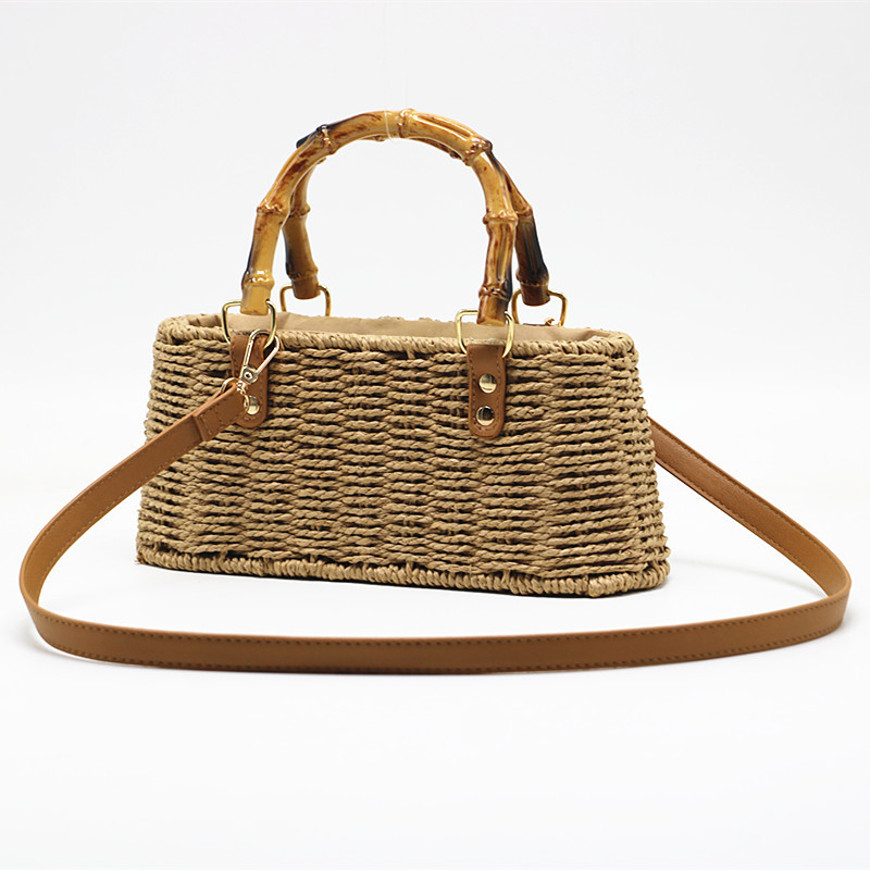 Sac en paille cabas Rosemonde avec poignée en bambou et bandoulière en cuir marron