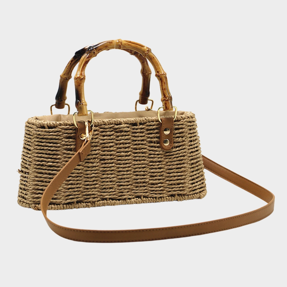 Sac en paille cabas Rosemonde avec poignée en bambou et bandoulière en cuir vue de côté