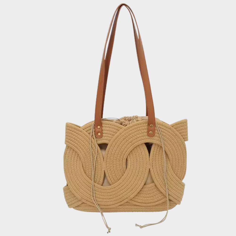 Sac en paille crochet beige avec motif feuilles tressées et anses longues marron modèle Elodie