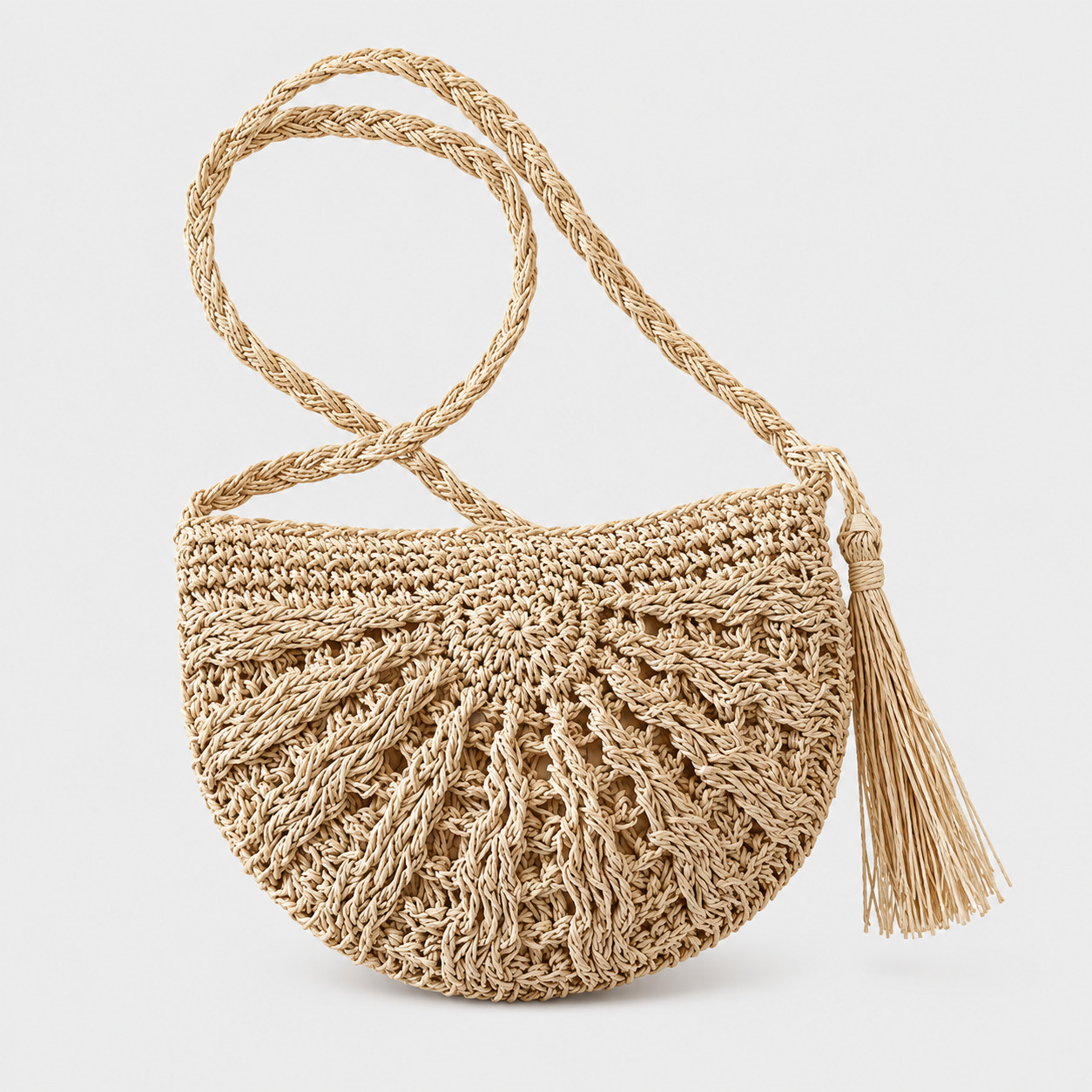 Sac en paille demi-cercle Amandine avec pompon et bandoulière tressée naturel