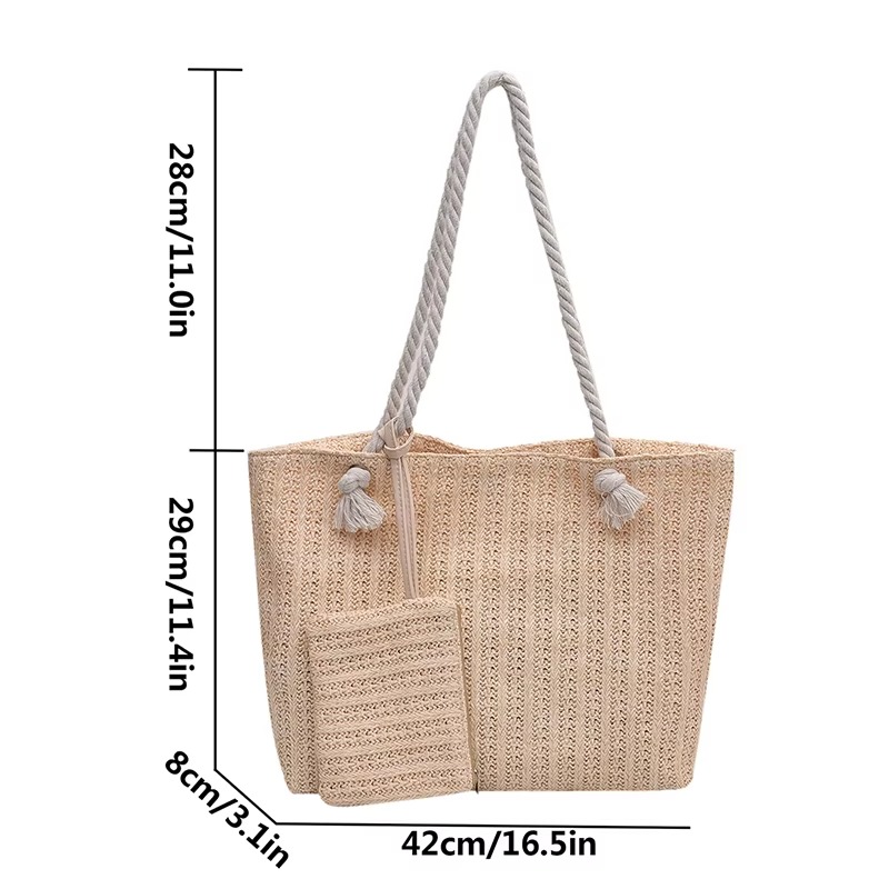 Sac En Paille Grand Format Fourre-Tout – Juliette Sac en paille grand format fourre-tout Juliette beige avec anses en corde et petite pochette assortie