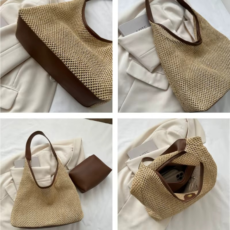 Sac en paille de plage tissée avec sangle fine marron et base renforcée marron modèle Aurélie, vue détails de la texture et intérieur beige