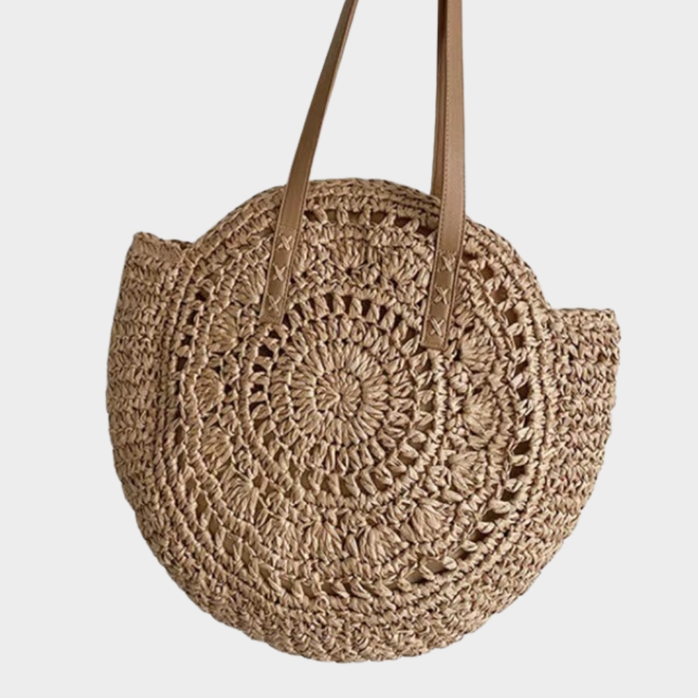 Sac En Paille Rond Ajouré Bandoulière – Solène Sac en paille rond ajouré avec bandoulière en simili cuir couleur naturelle modèle Solène
