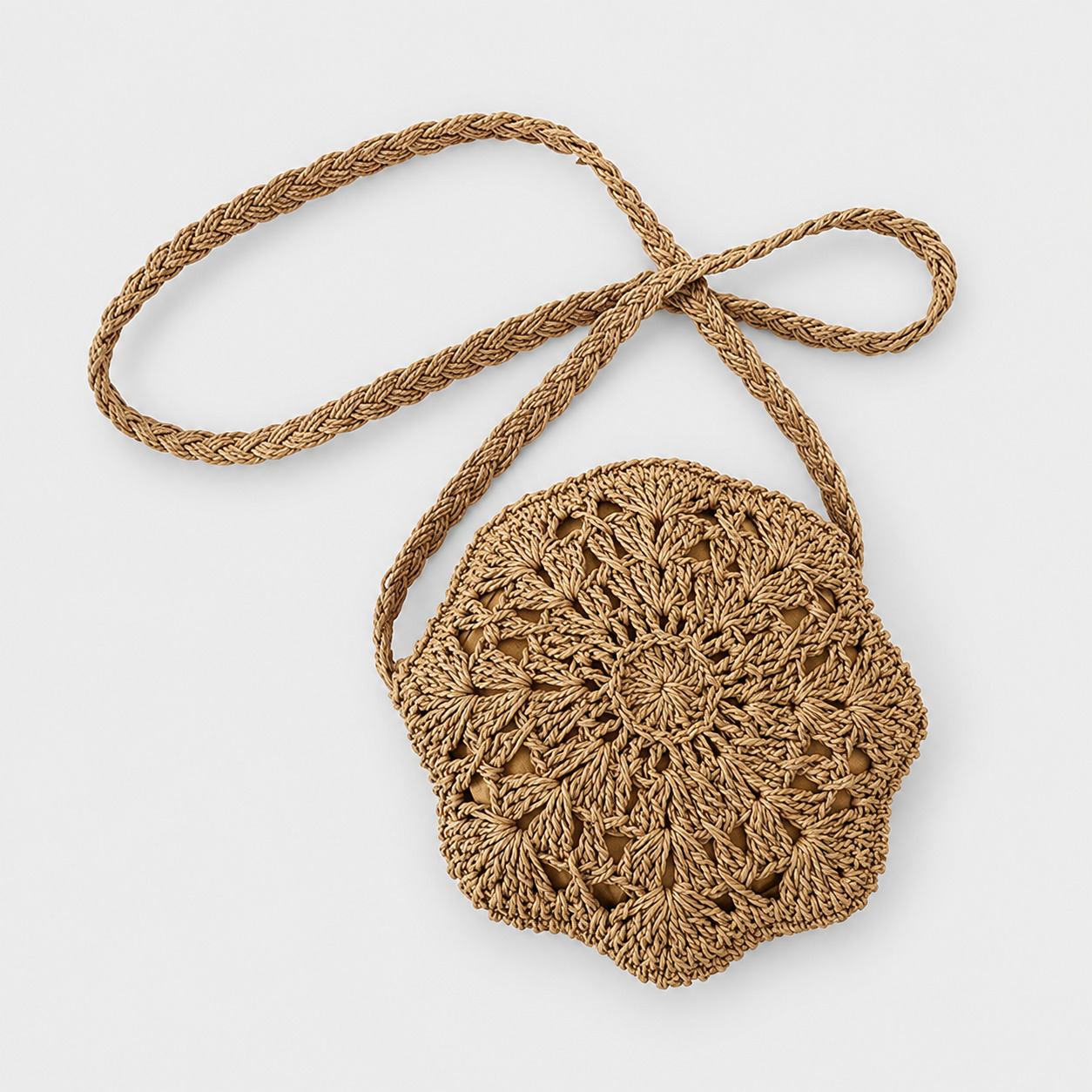 Sac en paille rond crochet dentelle plat couleur naturelle modèle Marguerite avec bandoulière tressée