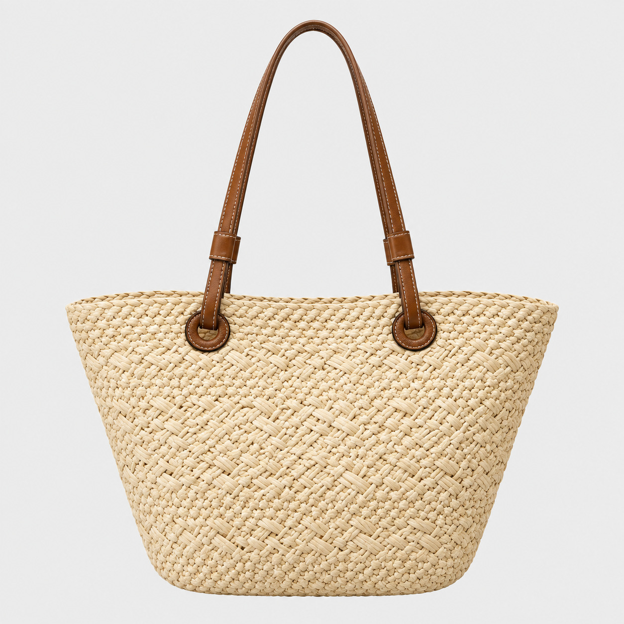 Sac en paille style français grande capacité Manon avec anses marron en simili cuir