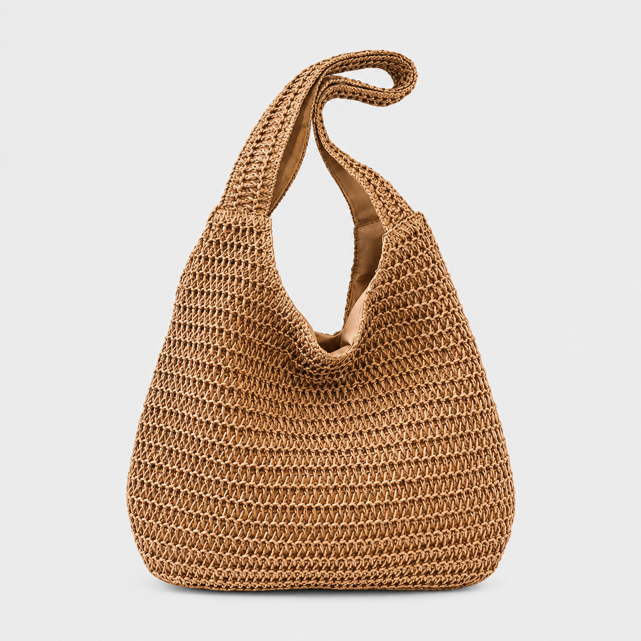 Sac En Paille Tissée Grande Capacité Double Anse – Camélia Sac en paille tissée camel grande capacité avec double anse vue de face