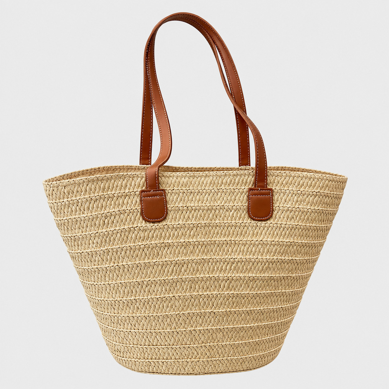 Sac en paille tressée bohème grande capacité Océane avec anses en simili cuir marron