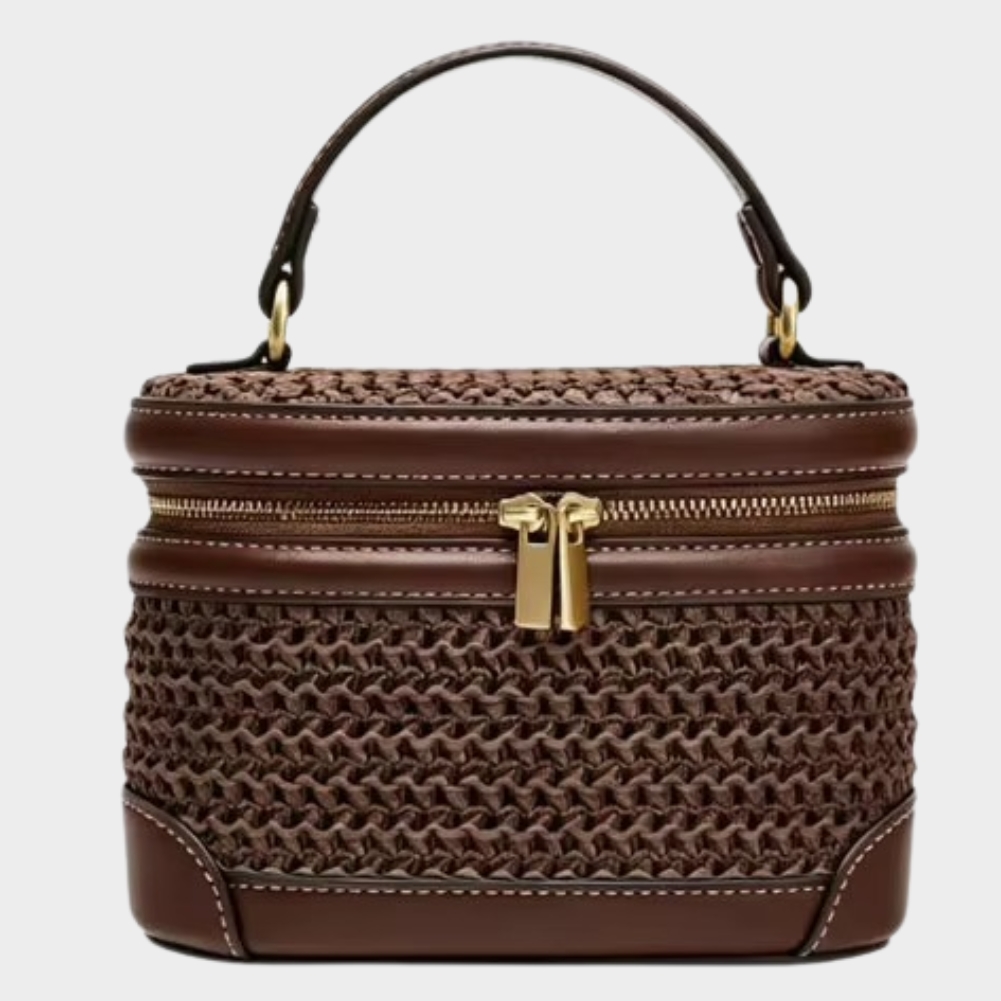 Sac en paille tressée mini boîte vintage Charlotte marron avec poignée et fermeture éclair double