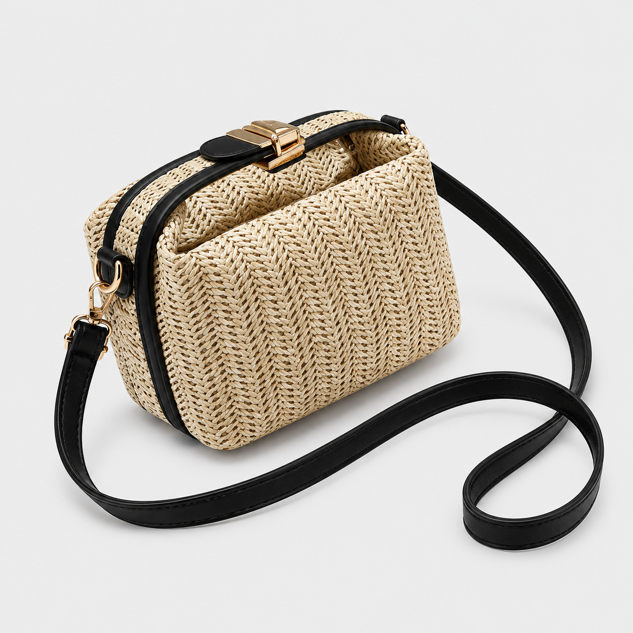 Sac en paille vintage rigide beige avec poignée fermoir doré et bandoulière fine noire, vue de côté
